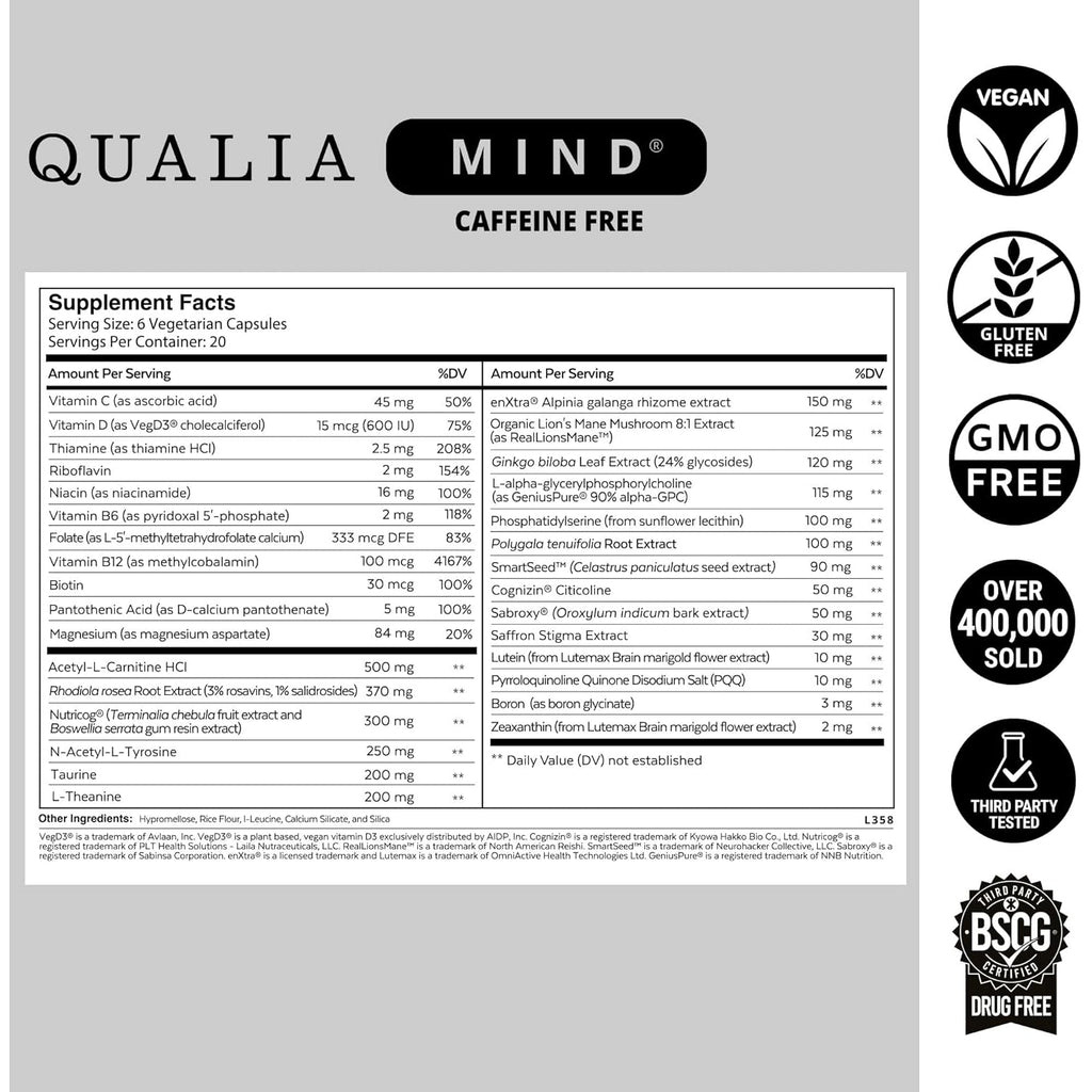 Qualia Mind (Caffeine Free) | the Ultimate Blend for Brain Health* | Doctor-Formulated Nootropic to Fuel Focus & Concentration* | Supports Long Term Brain Health| Maintain Drive & Productivity