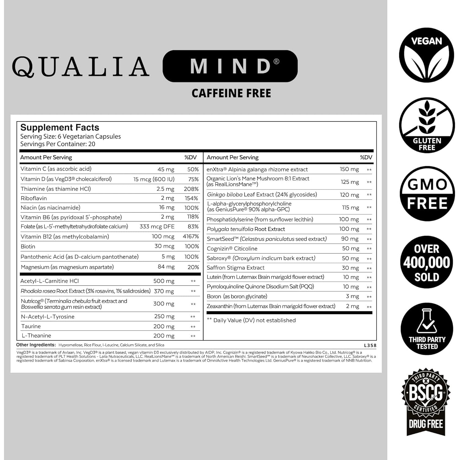 Qualia Mind (Caffeine Free) | the Ultimate Blend for Brain Health* | Doctor-Formulated Nootropic to Fuel Focus & Concentration* | Supports Long Term Brain Health| Maintain Drive & Productivity