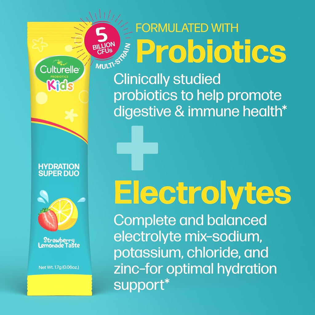 Culturelle® Kids Probiotics and Electrolytes Hydration Super Duo, Strawberry Lemonade, Sugar Free‡ Powder Packets for Immune and Digestive Support, 30 Count