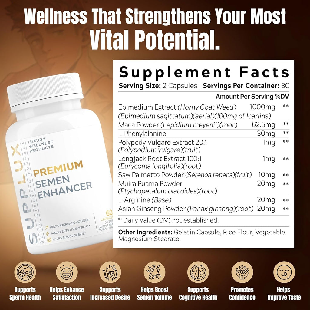 Semen Fertility Enhancer for Men - Help Amplify Semen & Overall Health - Assists T-Levels for Male Vitality, Blood Flow Support & Performance - 3Rd Party Tested Supplement - 60 Capsules