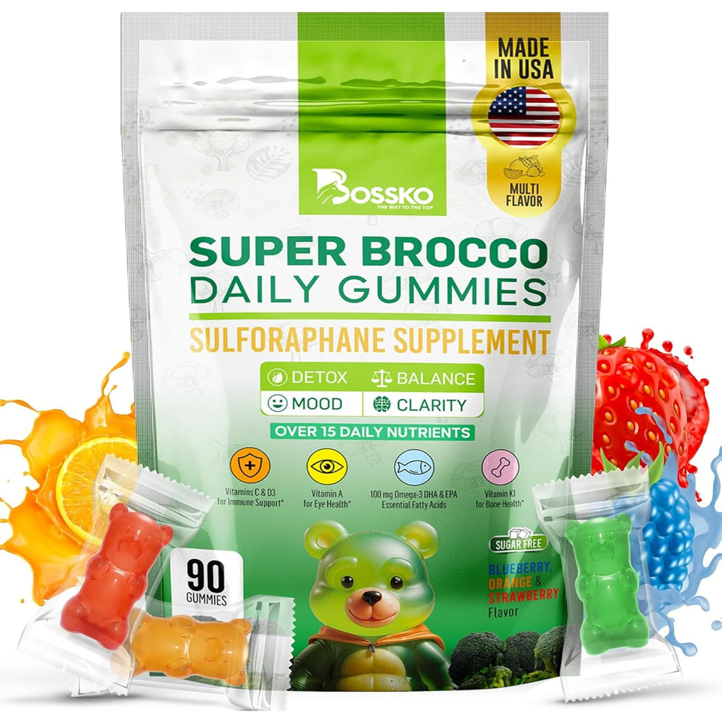 Bossko Sulforaphane Gummies with Omega-3 – Broccoli Sprout Extract, EPA/DHA & Antioxidants – Cellular Health & Mood Support – 90 Vegan Gummies – Mixed Berry Flavors – Sugar-Free