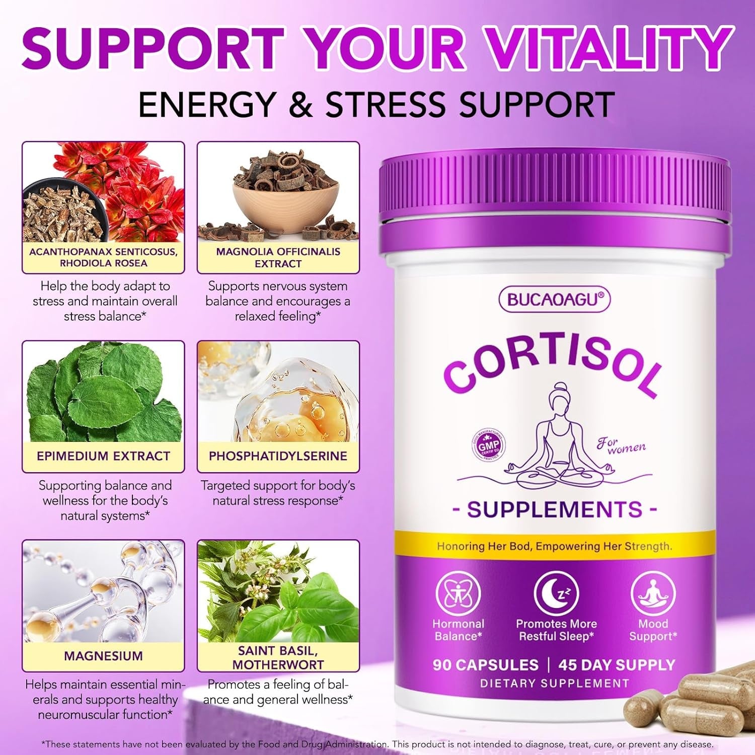 Cortisol Supplements for Women - Cortisol Reducer & Stress Support - Magnolia Bark, Rhodiola Rosea, Holy Basil, Magnesium, Phosphatidylserine - Hormone Balance & Mood, Focus, Sleep Support