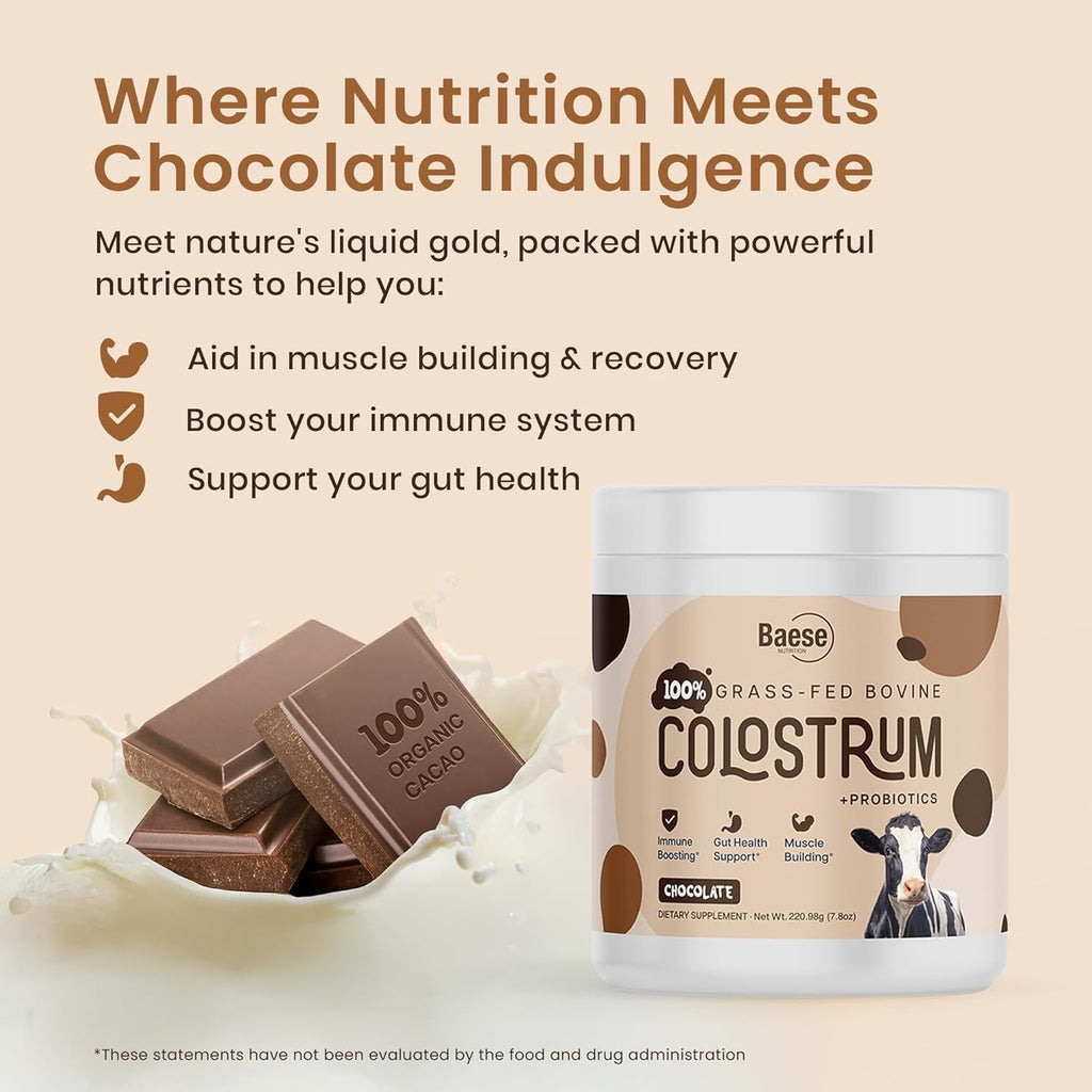 Organic Chocolate 4000Mg Grass Fed Bovine Colostrum Powder + Probiotics Colostrum Supplement for Kids & Adults with Immunoglobulins (220.98 Grams)