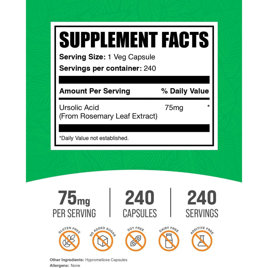 Bulksupplements.Com Ursolic Acid Capsules - Ursolic Acid Supplement, Sourced from Rosemary Leaf Extract - Vegan, 1 Capsule per Serving (75Mg), 240 Count (Pack of 1)