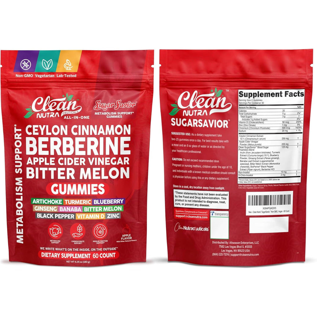 Sugar Savior Ceylon Cinnamon Berberine Gummies Apple Cider Vinegar Artichoke Turmeric Blueberry Ginseng Banaba Bitter Melon Black Pepper Vitamin D Zinc GLP1 Gummies 60 Count by Clean Nutra