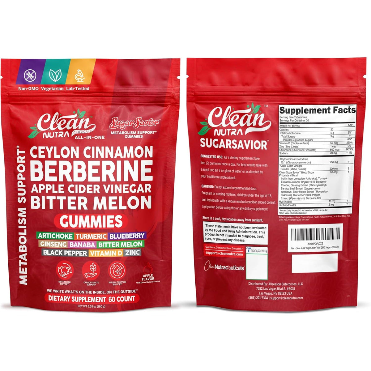 Sugar Savior Ceylon Cinnamon Berberine Gummies Apple Cider Vinegar Artichoke Turmeric Blueberry Ginseng Banaba Bitter Melon Black Pepper Vitamin D Zinc GLP1 Gummies 60 Count by Clean Nutra