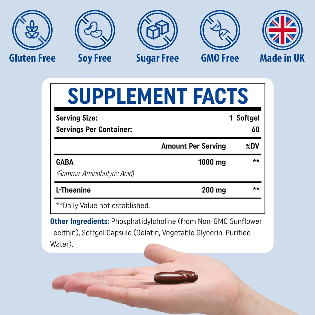 GABA with L-Theanine Supplement 1200Mg - High Bioavailable Liposomal GABA Supplements, 60 Capsules for Adults