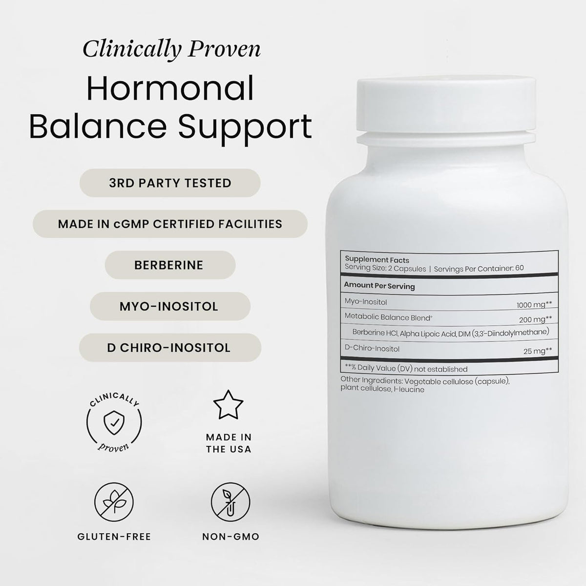 Perelel Hormone Balance Support, Myo & D Chiro Inositol, Womens Inositol Supplement with Berberine, Alpha Lipoic Acid, & Dim to Support Female Health, Soy, Dairy & Gluten Free, Non GMO, 120 Capsules