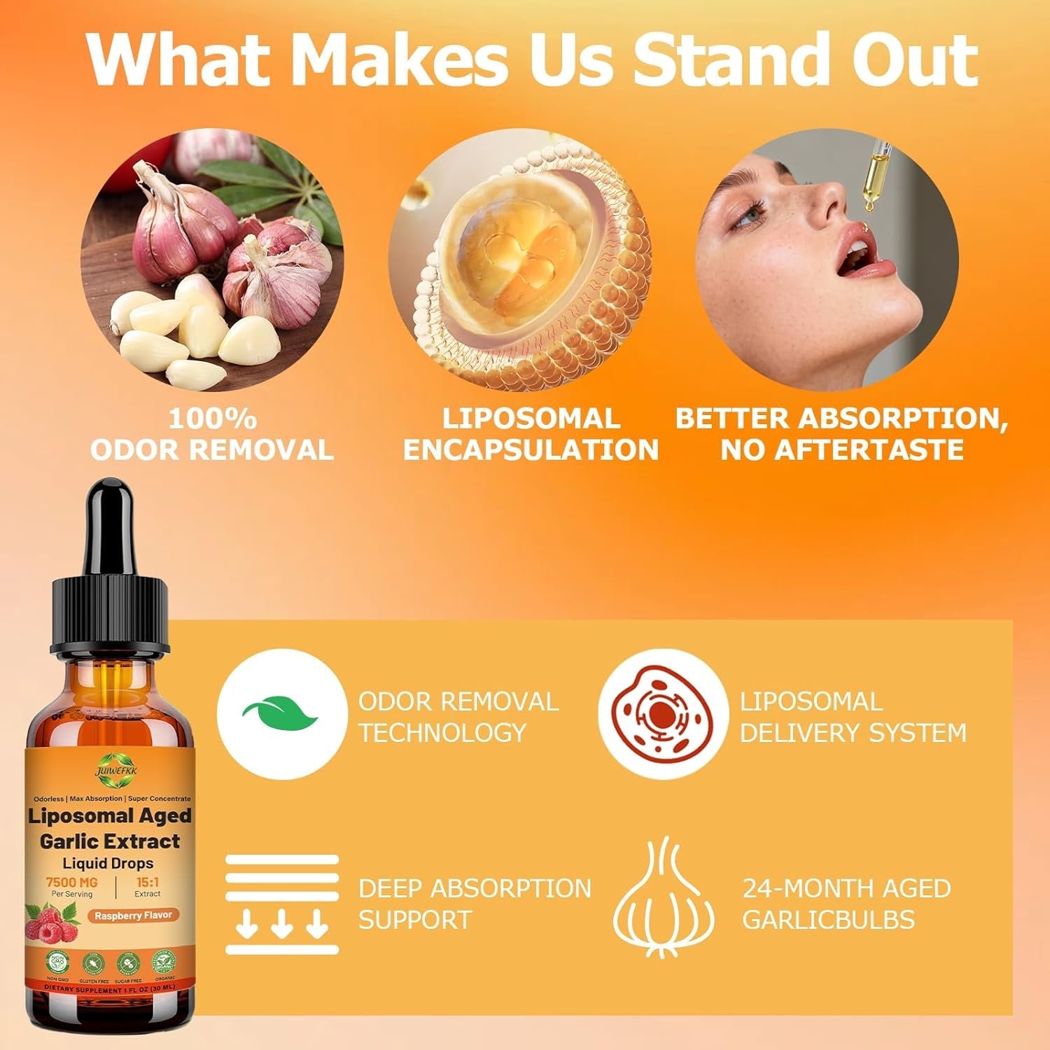 Aged Garlic Extract Liquid Drop – 500 Mg per Serving, 15:1 Extract, Odorless, Liposomal Technology for Fast Absorption – Heart & Immune Support Supplement for Men & Women, Raspberry Flavor