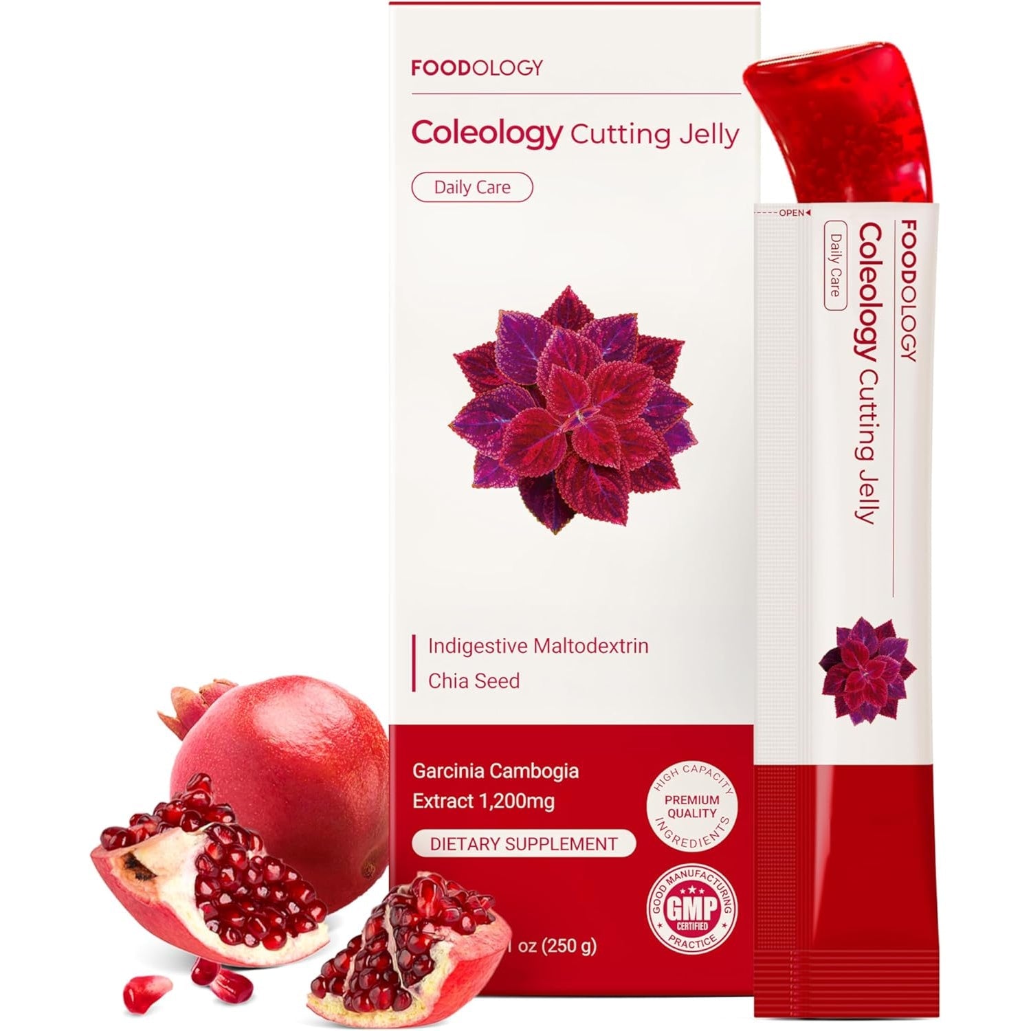 FOODOLOGY Coleology Cutting Stick Jelly (Pomegranate) – Dietary Fiber Supplement for Healthy Weight Management, Chia Seeds & Garcinia Cambogia, Korean Beauty with Collagen – 10 Sticks