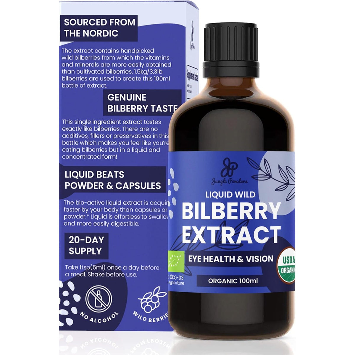 Jungle Powders Wild Bilberry Extract for Eyes USDA Organic 3.4Oz Bottle of Liquid Bilberry Anthocyanin Alcohol-Free European Blueberry Bilberry Supplement for Eyes High Bioavailability Liquid Extract