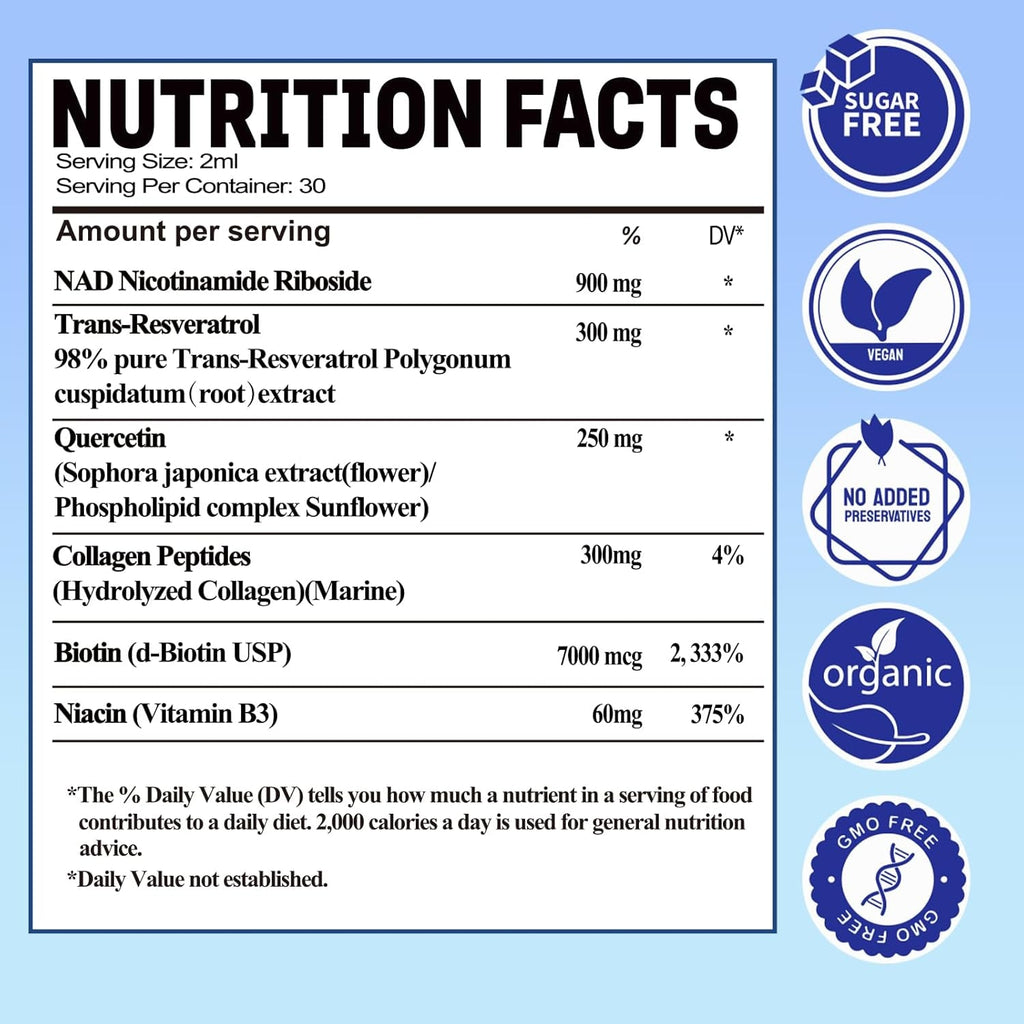 NAD Supplements for Women & Men, Liposomal NAD Nicotinamide Riboside Resveratrol 900Mg W. Resveratrol, Quercetin, Collagen, Niacin, Biotin Support Anti-Aging, Longevity, Energy, Focus