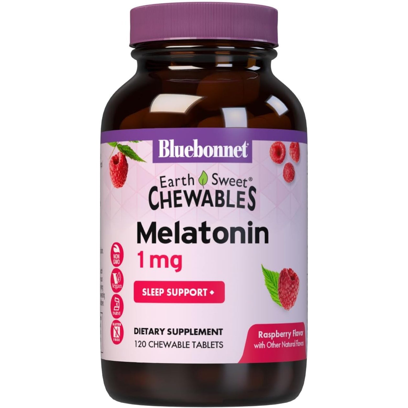Bluebonnet Nutrition Earthsweet Melatonin 1 Mg Fast-Acting Quick Dissolve Nighttime Relaxation & Restful Sleep Support - Sleep Aid - Gluten-Free, Vegan - Raspberry Flavor - 120 Chewable Tablets
