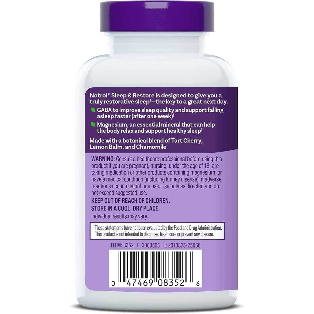 Natrol Sleep & Restore Capsules with Magnesium Glycinate 100Mg, GABA, Essential for Your Ultimate Restorative Sleep, Melatonin-Free, 30 Day Supply
