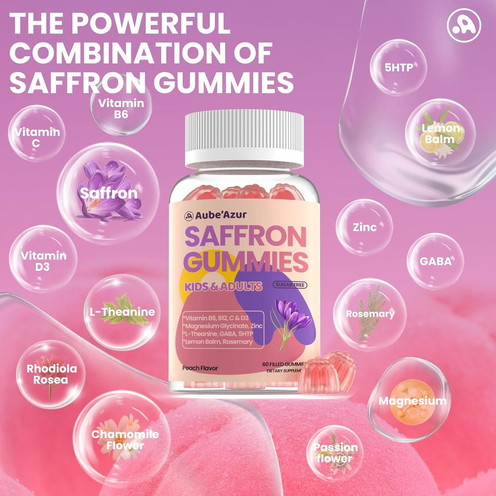 Aube'Azur Saffron Gummies for Kids, 15-In-1 Saffron Supplements for Kids, with B6, B12, C, D3, Magnesium Glycinate, Zinc for Nerve, Rest, Focus, Sugar Free, Vegan, Non- GMO, Peach Flavor, 60 Count