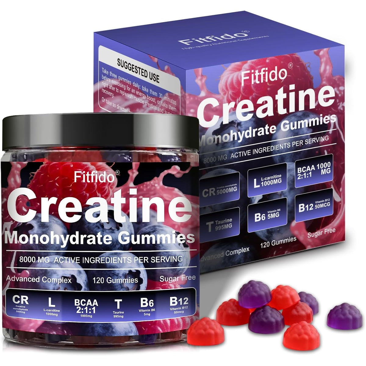 Creatine Monohydrate Gummies Complex 5000Mg for Men and Women, Containing L-Carnitine & Taurine, Build Muscle, Boost Energy, Faster Recovery, Sugar Free & Vegan, Raspberry & Blackberry, 120 Count