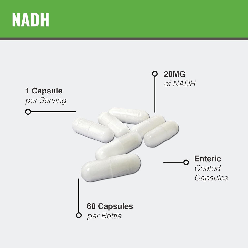 MAAC10 NADH Supplement 20Mg Each 60 Capsules for Energy, Fatigue, Mental Focus & NAD+ Longevity Support | Pharmaceutical Grade 99% Pure NADH