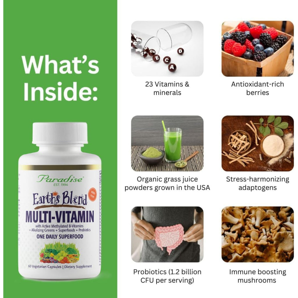 Paradise Herbs Earth'S Blend Once Daily Multivitamin with Iron, 48 Organic Superfoods, Probiotics, Antioxidants, Vitamins A, B12, C, D, K2, 60 Capsules