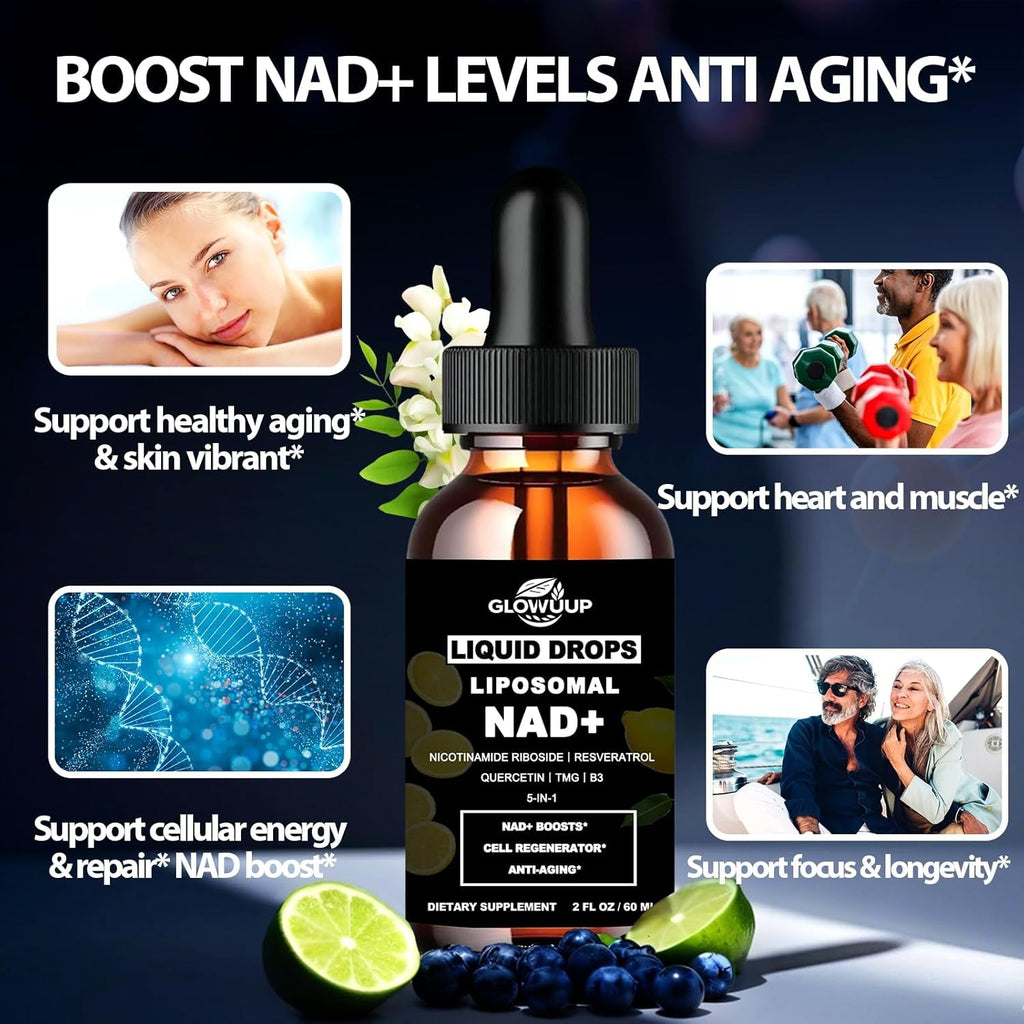 NAD Supplements for Women & Men, Liposomal NAD Nicotinamide Riboside Resveratrol 900Mg W. B3 Vitamin Quercetin TMG, Liquid Resveratrol NAD plus Supplement for Anti-Aging Energy Focus Longevity