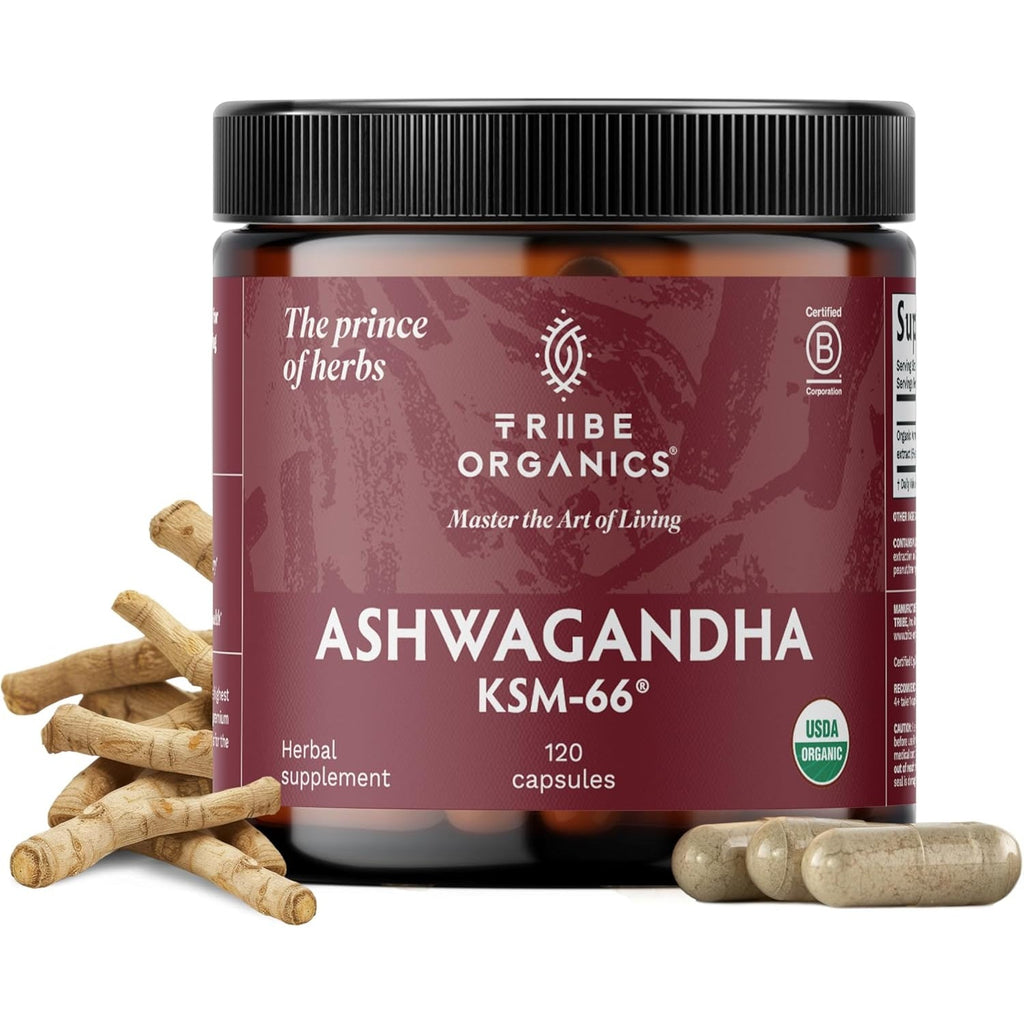 TRIBE ORGANICS Ashwagandha KSM 66 Pure Organic Root Powder Extract Ayurvedic Supplement - Focus, Mood Support, Increase Energy, Strength, 600Mg of Natural KSM66 for Superior Absorption - 120 Capsules