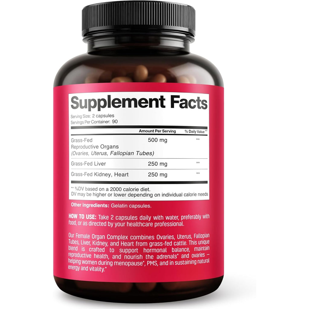 Beef Organ Supplement for Women 6 in 1 Complex Hormone Balance & Energy - 100% Grass Fed & Pasture Raised - Beef Liver, Kidney, Heart, Spleen, Pancreas and More - 180 Capsules