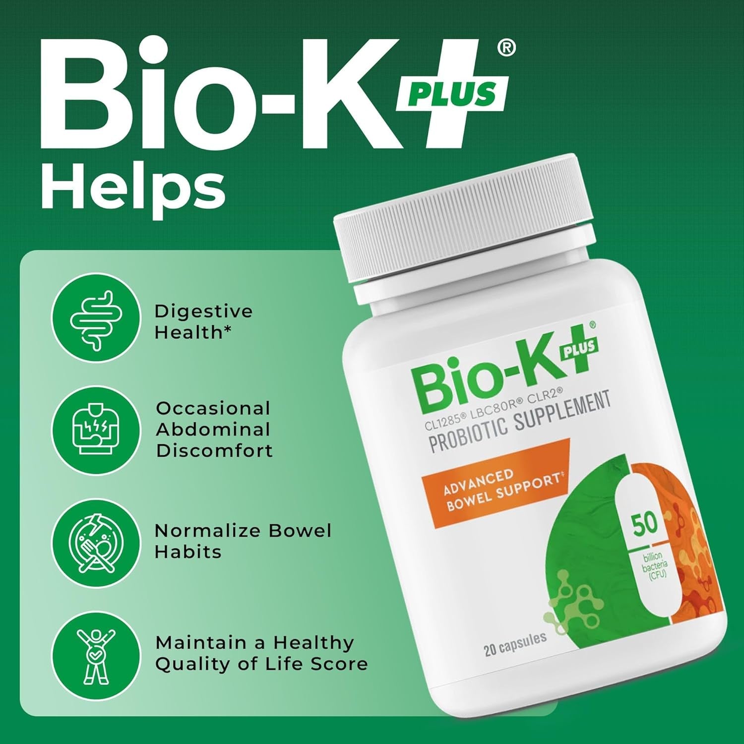 Bio-K+ Probiotic Advanced Bowel Support – 50 Billion CFU – Vegan, Gluten-Free, Non-Gmo – Supports Digestive Health & Regularity – for Men & Women – 20 Probiotic Capsules