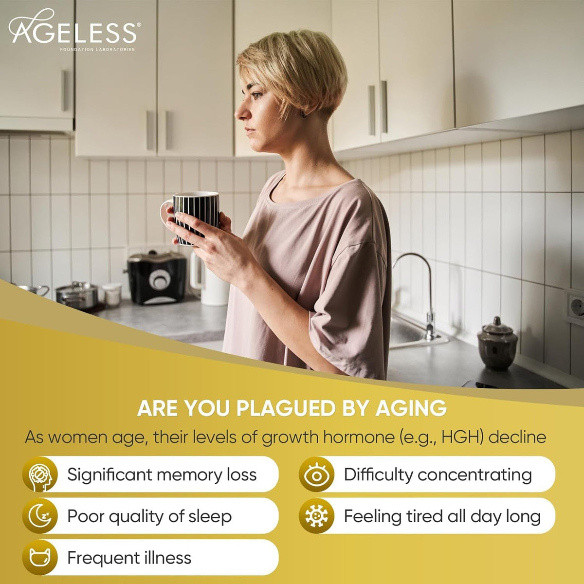 AGELESS™: Ultramax Gold™ Capsules, HGH Anti-Aging Supplement for Women, Slows Cellular Aging, Supports Immune Health, Smoother Skin Tone and Restorative Sleep, Weight Management, 90 Capsules
