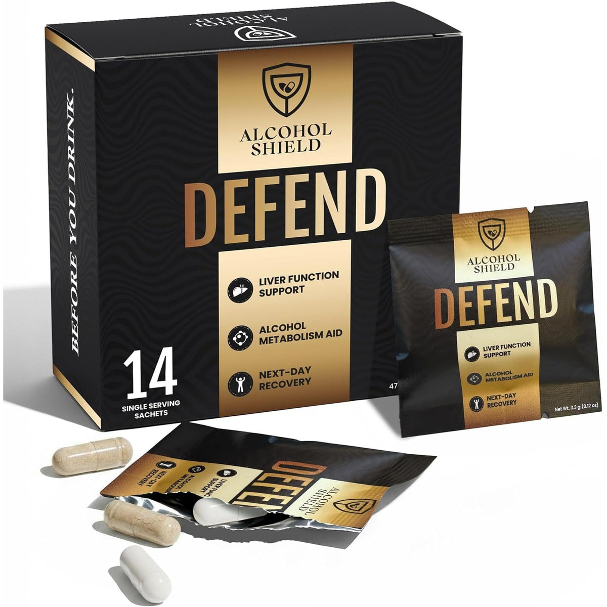 Defend Hangover Supplement | DHM + NAC | Feel Better after Drinking | Alcohol Recovery & Liver Support | Electrolytes & B Vitamins | 14 Sachets