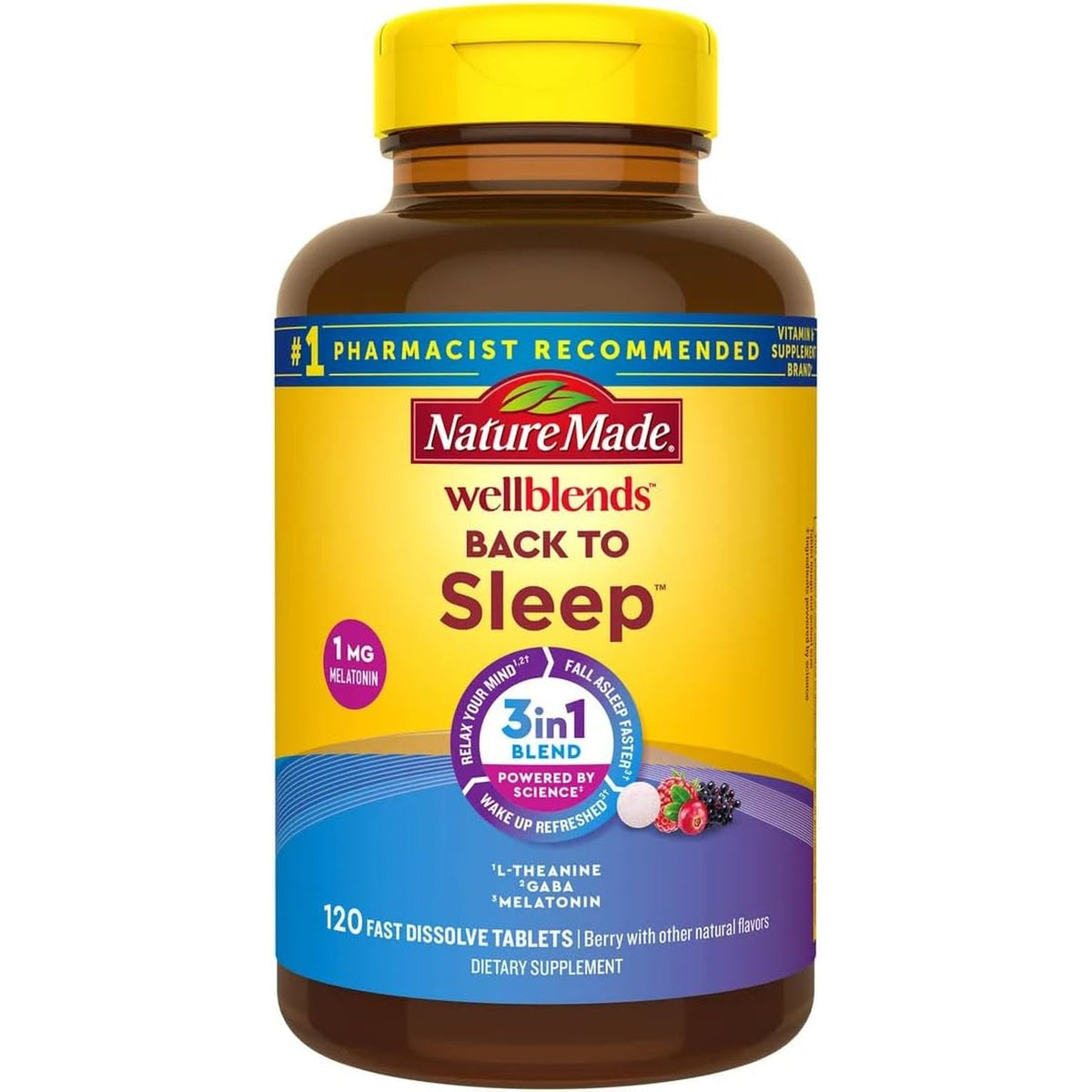 Nature Made Wellblends Back to Sleep, 120 Fast Dissolve Tablets, Lower Dose Melatonin 1 Mg, L Theanine 100 Mg and GABA 100Mg, Sleep Supplement, Bundle with a Pill Oragnizer (2 Items)