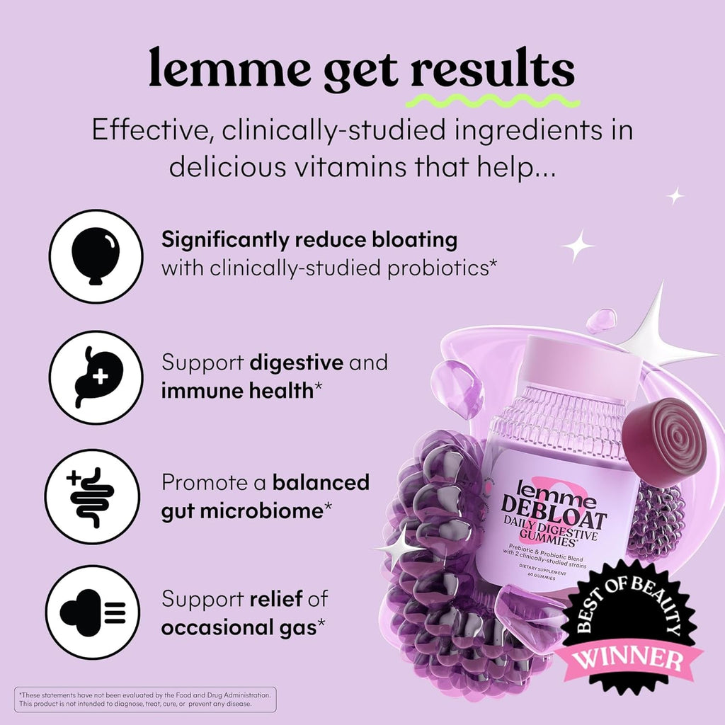 Lemme Debloat - Digestive & Gut Health Gummies with 2 Clinically Studied Probiotics & Prebiotic, Vegetarian, Gluten Free, Non GMO, Blackberry Flavor (60 Count)