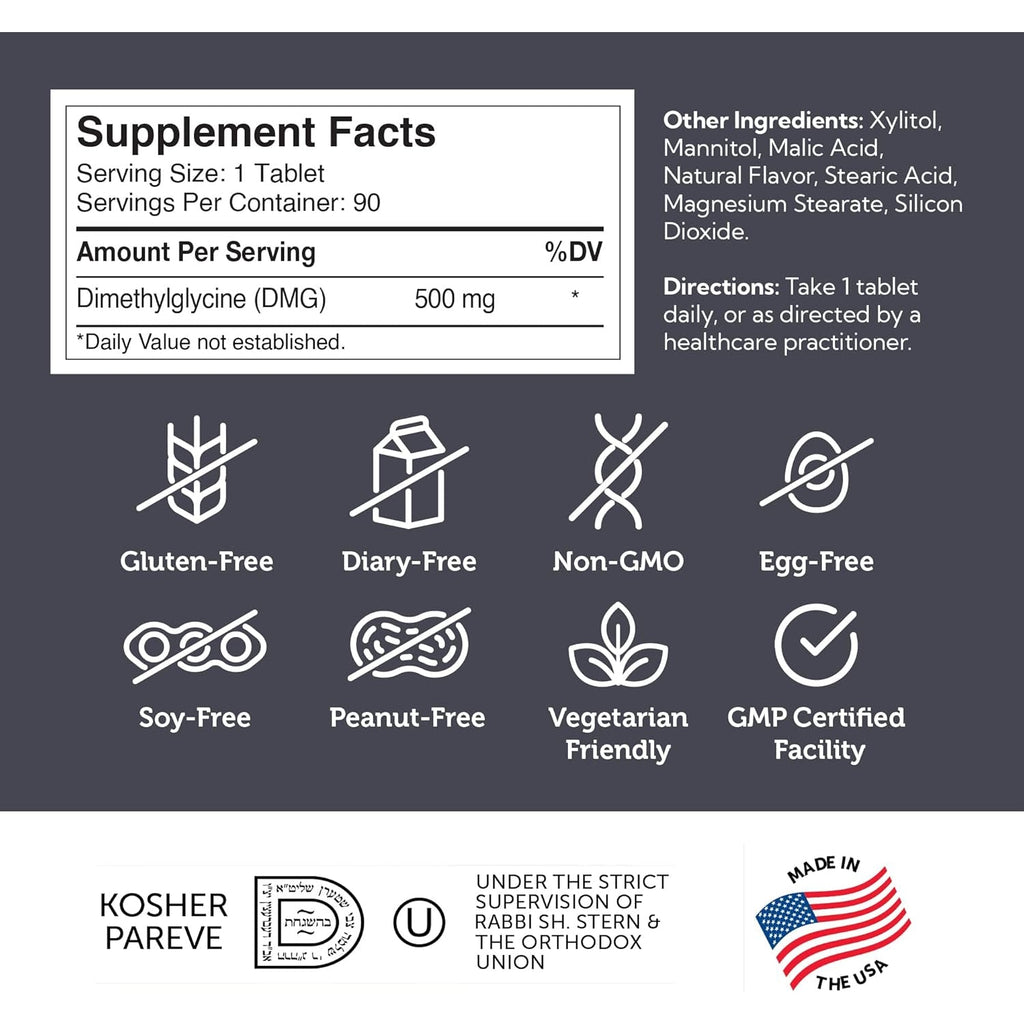 Zahler DMG 500Mg - DMG Dimethylglycine Supplement for Endurance & Immune System Support - DMG Supplements with Amino Acid Glycine - Nootropic Brain Supplement - Kosher 1 a Day Tablets 90 Count