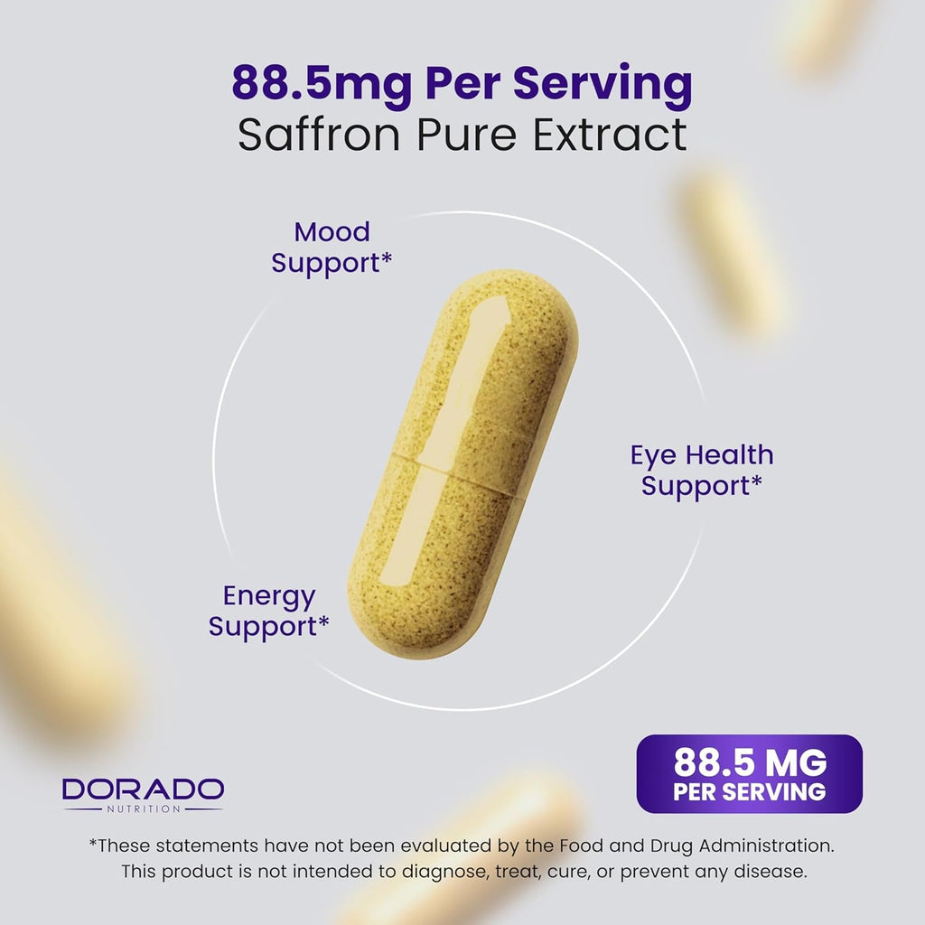 Saffron Supplements for Mood, Energy & Vision Support (3 Month Supply) Pure Saffron Extract 88.5Mg per Serving - Vegan Safe, Gluten Free, Third Party Tested & Non GMO - USA Made (90 Veggie Capsules)