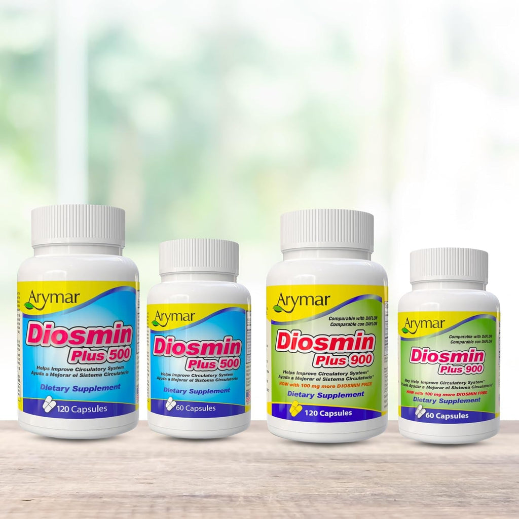 Arymar Diosmin 500Mg with Vitamin B-Complex: Circulatory Formula for Leg Vein Integrity and Normal Blood Flow, Vascular Health and Microcirculation, 60 Capsules