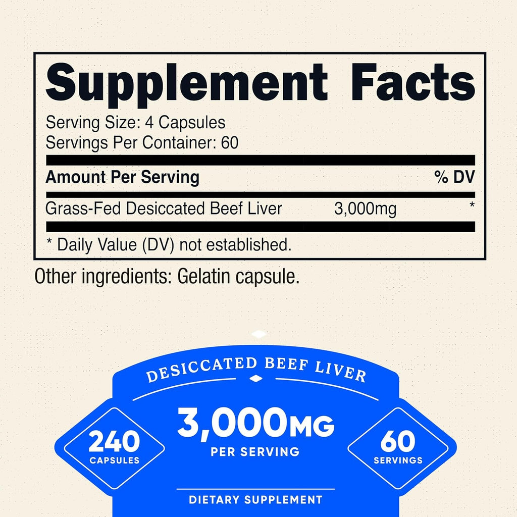 Nutricost Grass Fed Desiccated Beef Liver Capsules 3000Mg per Serv (750Mg per Cap), 240 Cap for 60 Servings - No Hormones, GMO and Gluten Free, Pasture-Raised, Free Range Beef