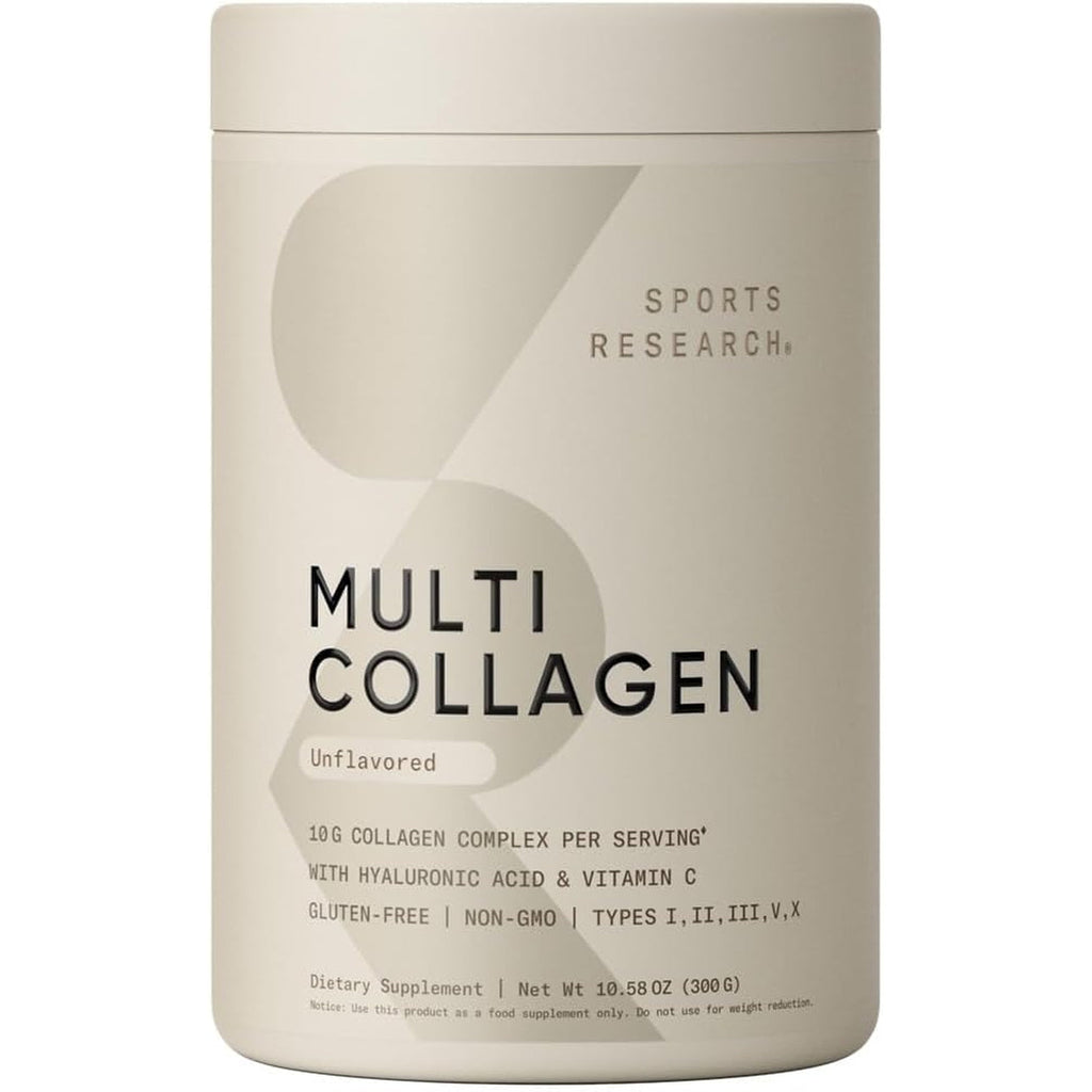 Sports Research Multi Collagen Protein Powder (Type I, II, III, V, X) with Hyaluronic Acid + Vitamin C | 5 Types of Food Based Collagen, 30 Servings (Unflavored)