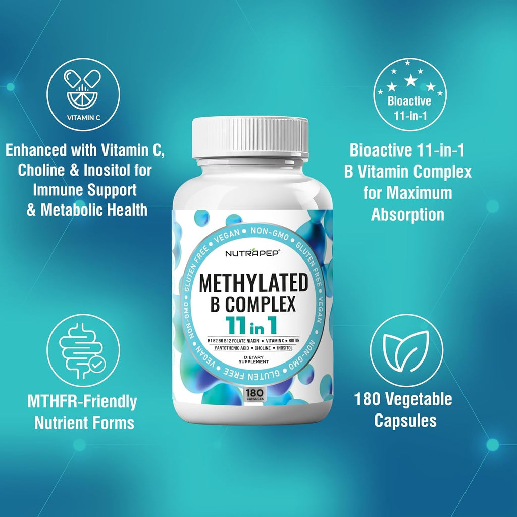 Nutrapep Methylated B-Complex Vitamins - Complete Methyl B Complex Multivitamin with Bioactive B9 5-MTHF B6 B12 - MTHFR Support Supplement for Brain Heart Energy - Vegan Gluten Free Sugar Free