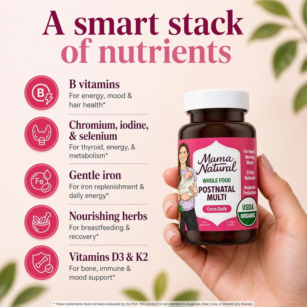 Mama Natural Organic Postnatal Vitamins for Women | One a Day Whole Food Postnatal Multivitamin for Breastfeeding & Postpartum Support | Non-Gmo with Iron, Iodine & Moringa | 30 Servings