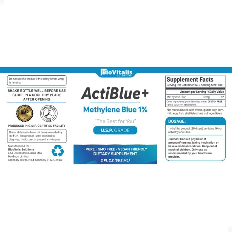 Actiblue+ Methylene Blue 1% : Methylene Blue ISO Certified Third Party Lab Tested 99,9% No Formaldehyde No Alcohol No Gluten&Gmo(2Fl.Oz)