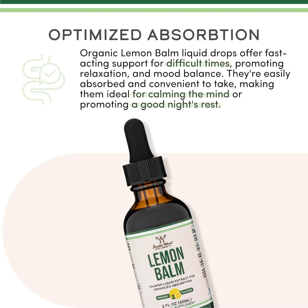 Double Wood Supplements Organic Lemon Balm Tincture - for Digestion & Relaxation 590Mg - 2FL OZ, 120 Servings (Better Absorbed than Capsules, Great for Lemon Balm Tea)
