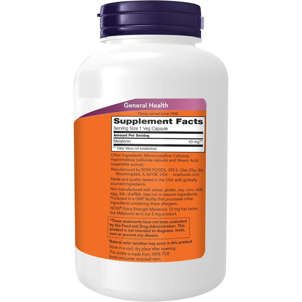 NOW Foods Supplements, Melatonin, Extra Strength 10 Mg, Free Radical Scavenger*, Healthy Sleep Cycle*, 200 Veg Capsules