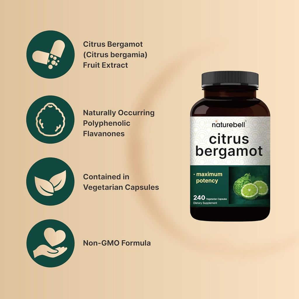 Naturebell Citrus Bergamot, 240 Vegetarian Capsules – Real Fruit Extract with Polyphenolic Flavanones – Non-Gmo, Cgmp Certified