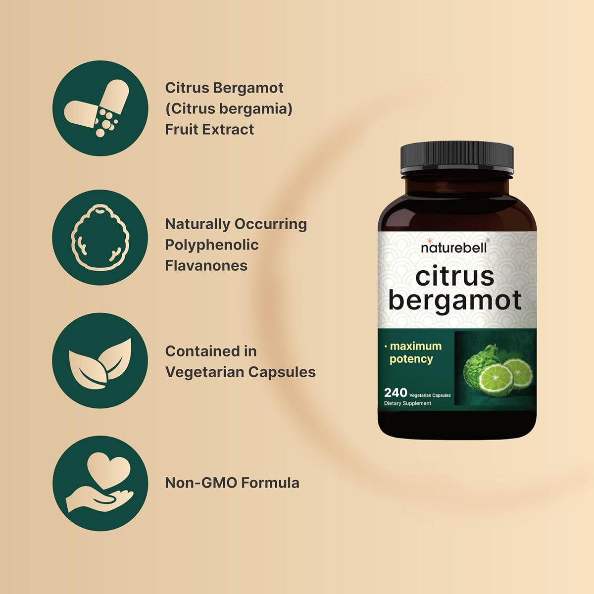 Naturebell Citrus Bergamot, 240 Vegetarian Capsules – Real Fruit Extract with Polyphenolic Flavanones – Non-Gmo, Cgmp Certified