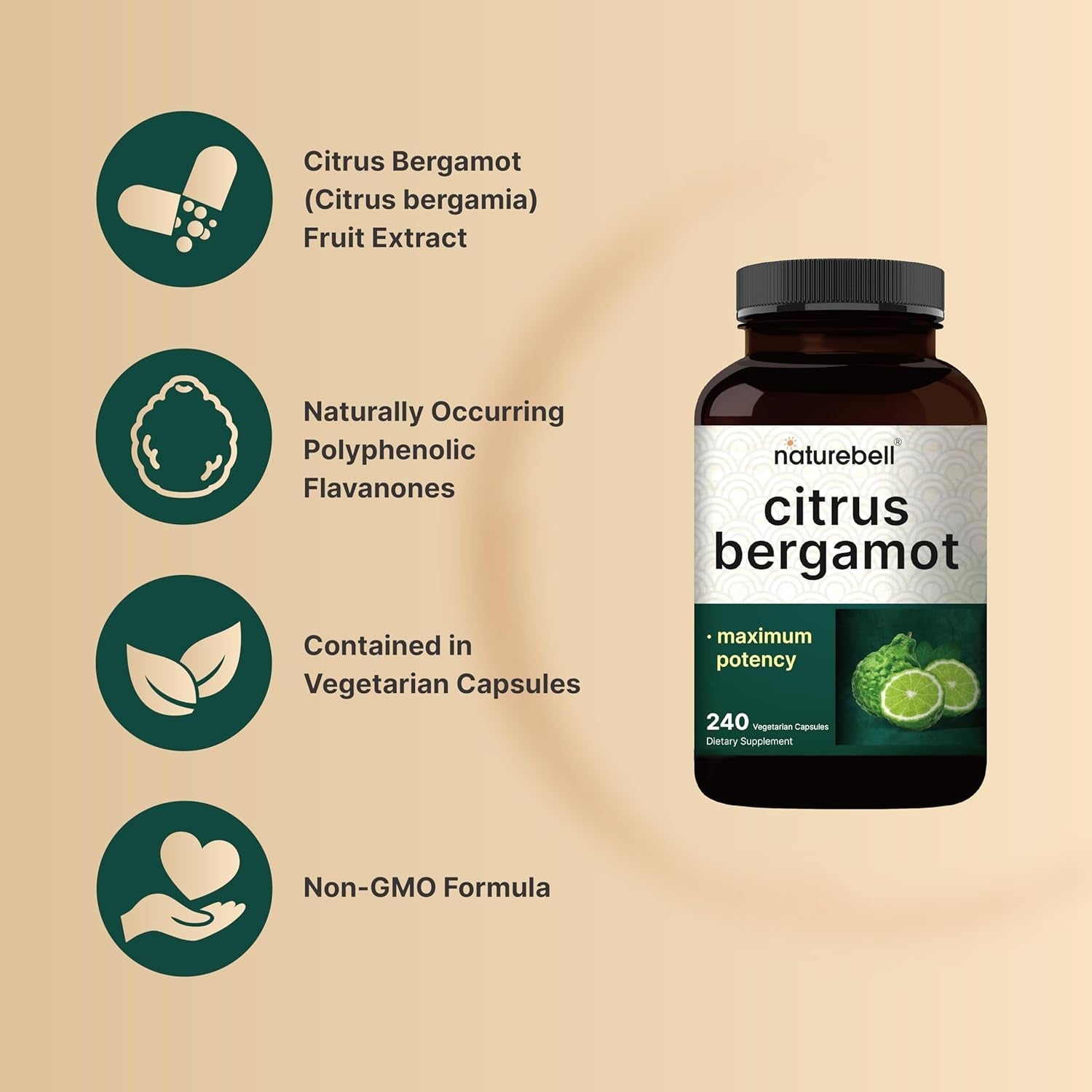Naturebell Citrus Bergamot, 240 Vegetarian Capsules – Real Fruit Extract with Polyphenolic Flavanones – Non-Gmo, Cgmp Certified