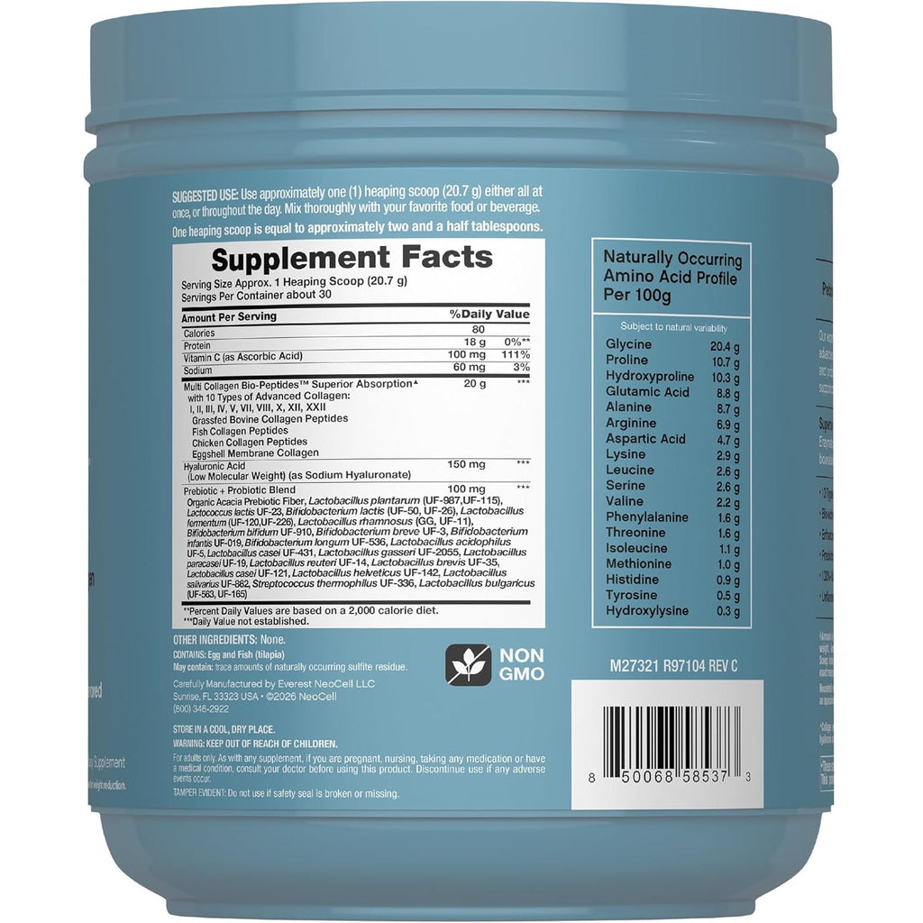 Neocell Multi Collagen Bio-Peptides Powder | 22Oz | Advanced with Hyaluronic Acid and Vitamin C | 10 Super Types of Collagen | Superior Absorption | Grassfed Protein Supplement