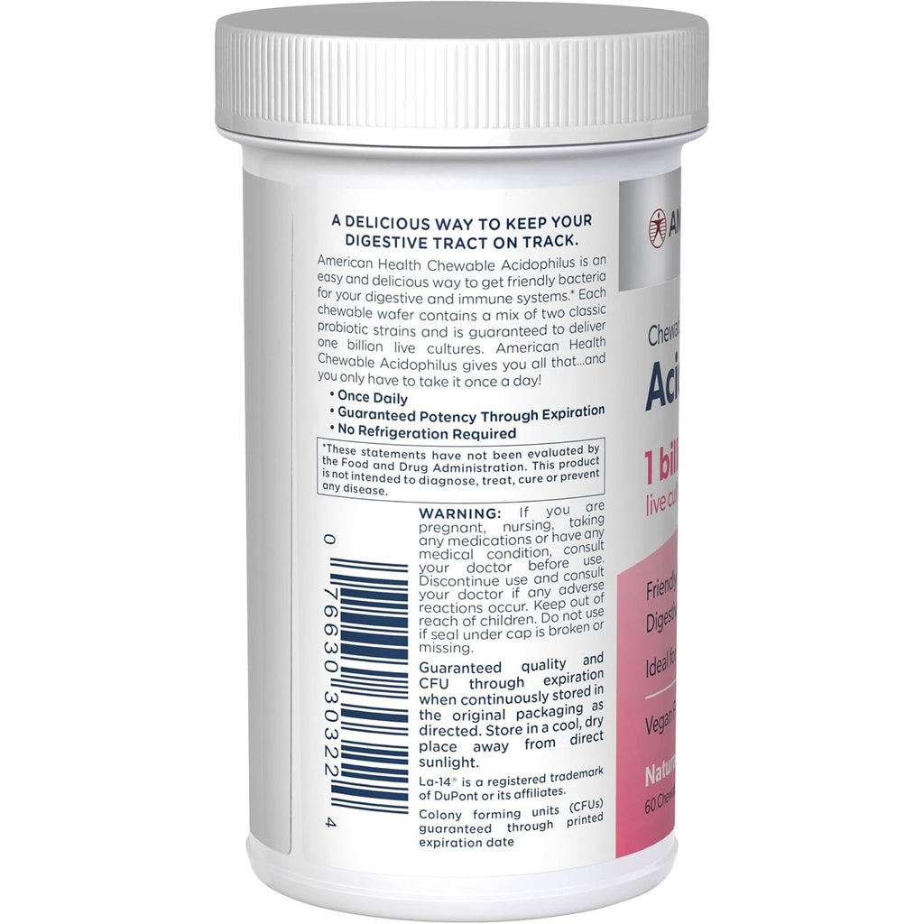 American Health Daily Chewable Tablet Acidophilus, 1 Billion Live Cultures, Beneficial Bacteria for the Digestive & Immune Systems, Strawberry, 60 Count