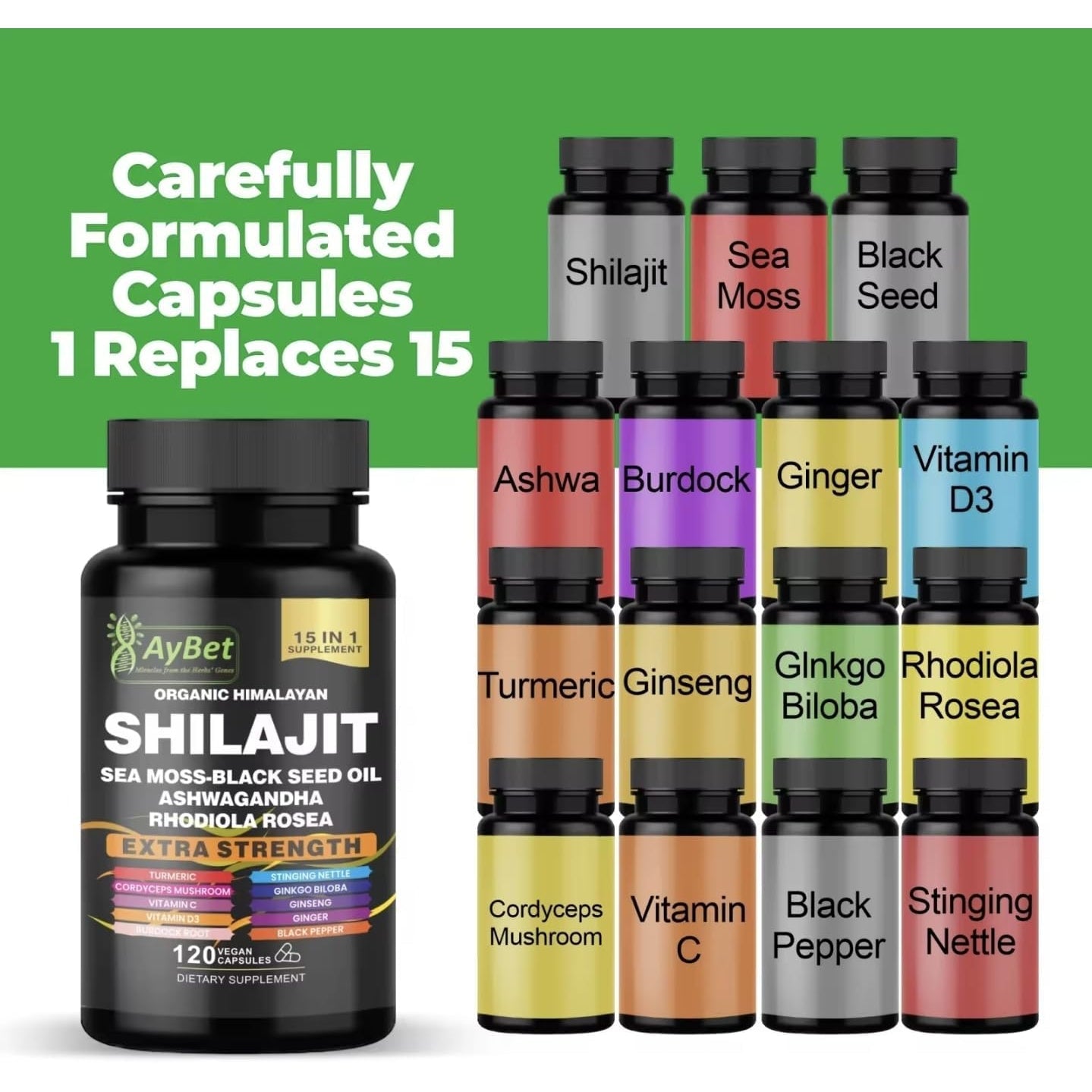 Shilajit for Men and Women-Organic Himalayan Shilajit Capsules with Sea Moss, Black Seed Oil, Ashwagandha, Rhodiola Rosea, Burdock, Cordyceps Mushroom, Ginseng, Turmeric, Ginger, 120 Capsules