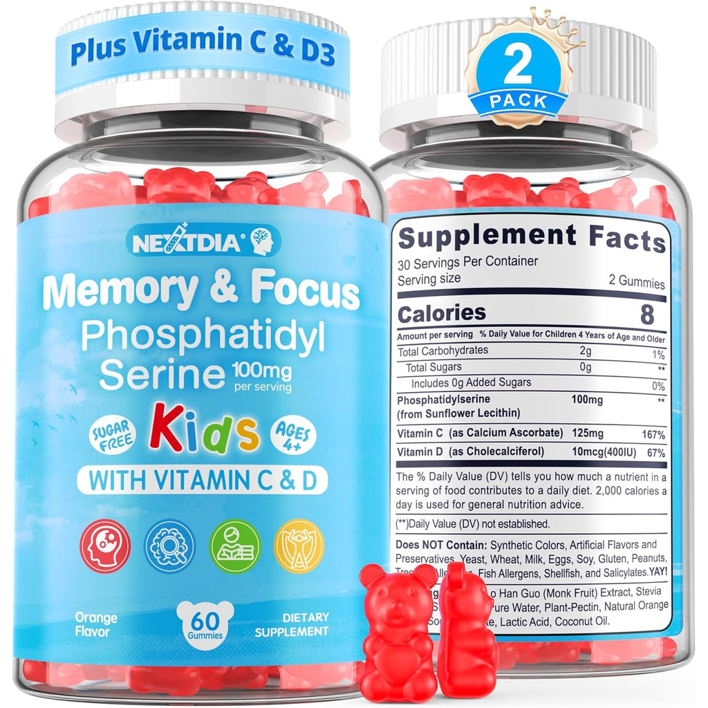 Phosphatidylserine Supplement 100Mg, Focus Gummies for Kids Teens + Vitamin C & D3 400IU, Sugar Free Kids Brain Gummies Increase Attention & Concentration, Chewable, Vegan, Gluten Free, Non-Gmo 2 Pack