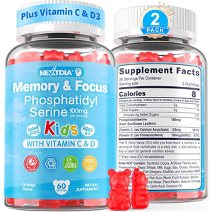 Phosphatidylserine Supplement 100Mg, Focus Gummies for Kids Teens + Vitamin C & D3 400IU, Sugar Free Kids Brain Gummies Increase Attention & Concentration, Chewable, Vegan, Gluten Free, Non-Gmo 2 Pack