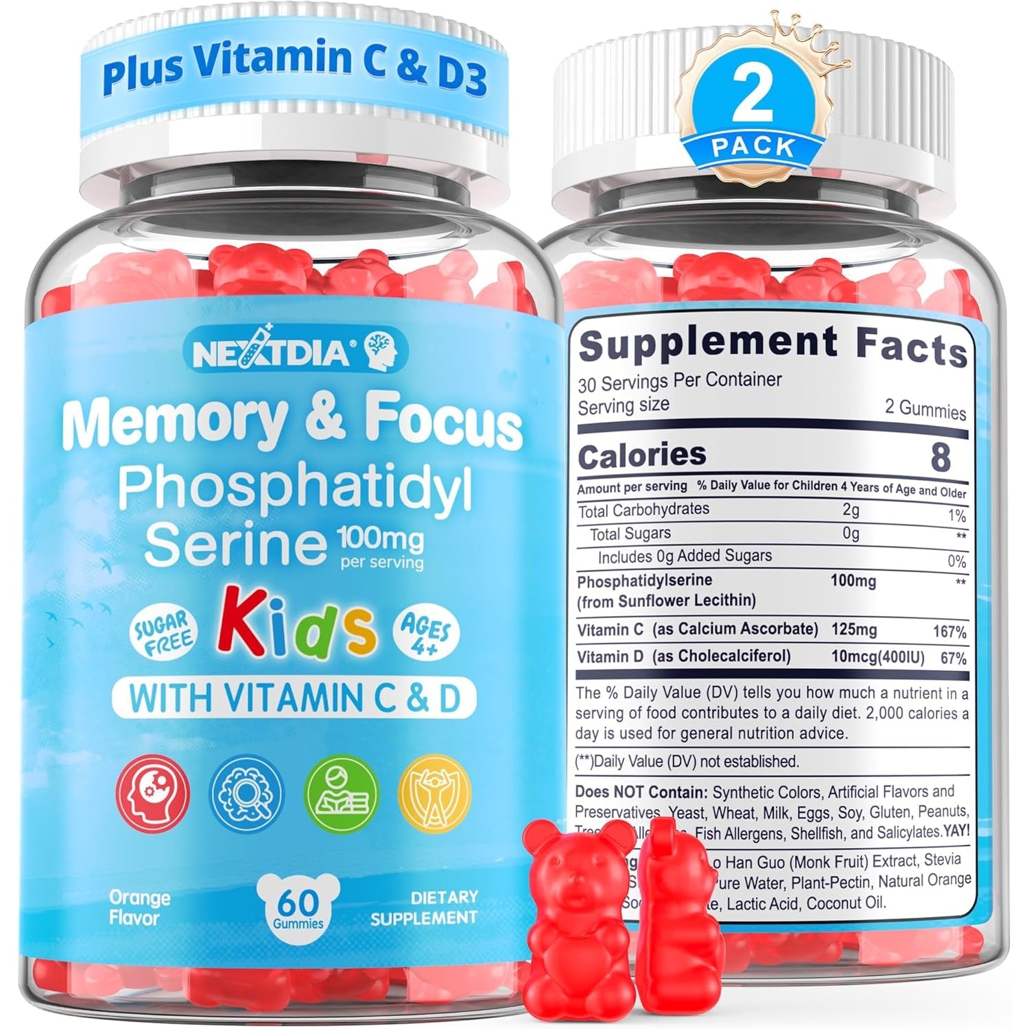 Phosphatidylserine Supplement 100Mg, Focus Gummies for Kids Teens + Vitamin C & D3 400IU, Sugar Free Kids Brain Gummies Increase Attention & Concentration, Chewable, Vegan, Gluten Free, Non-Gmo 2 Pack