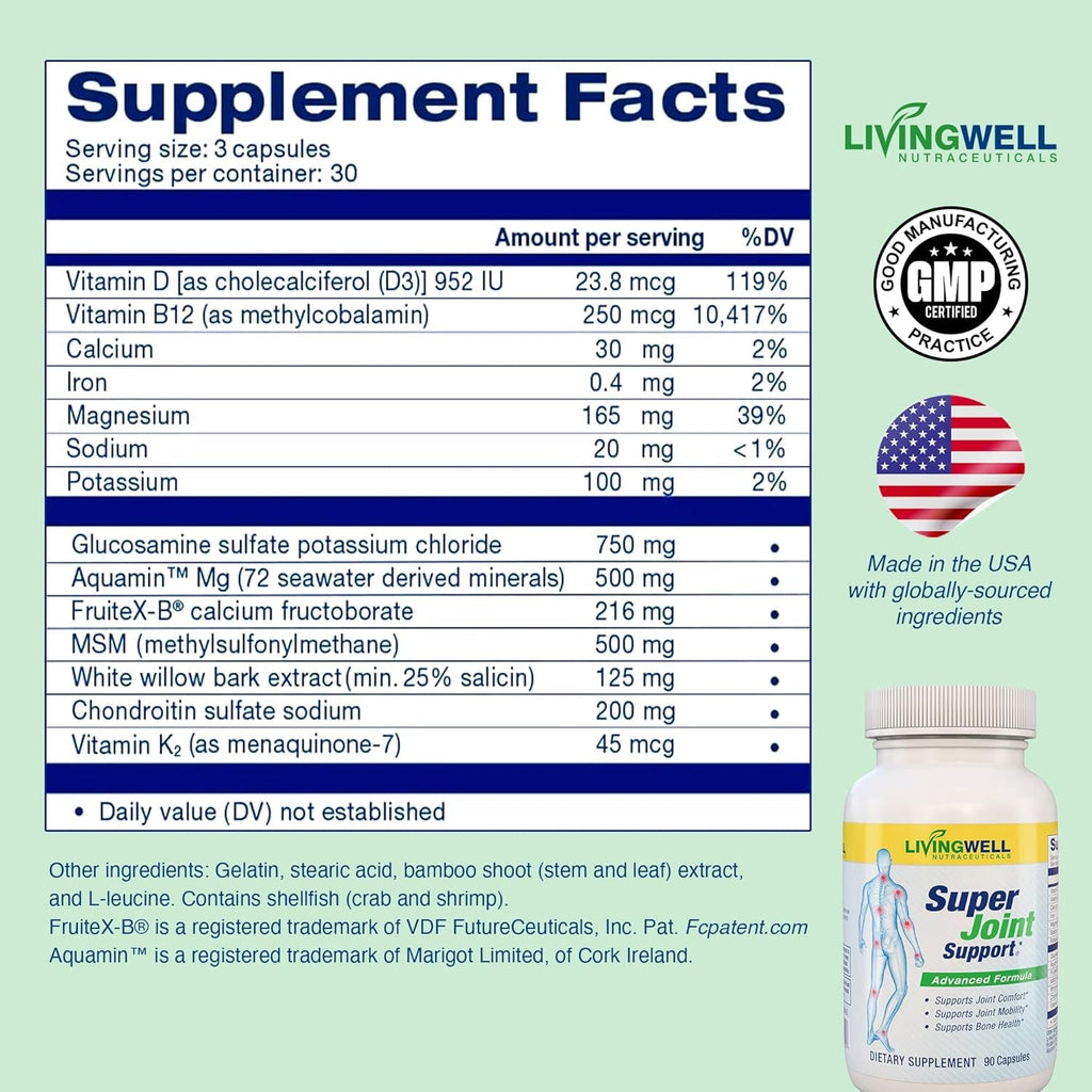 SUPER JOINT SUPPORT Glucosamine Chondroitin & MSM for Bone & Muscle Health - Joint Supplement for Men & Women with Vitamin D, B12, Magnesium, Potassium & Calcium - All in One Support - 90 Capsules